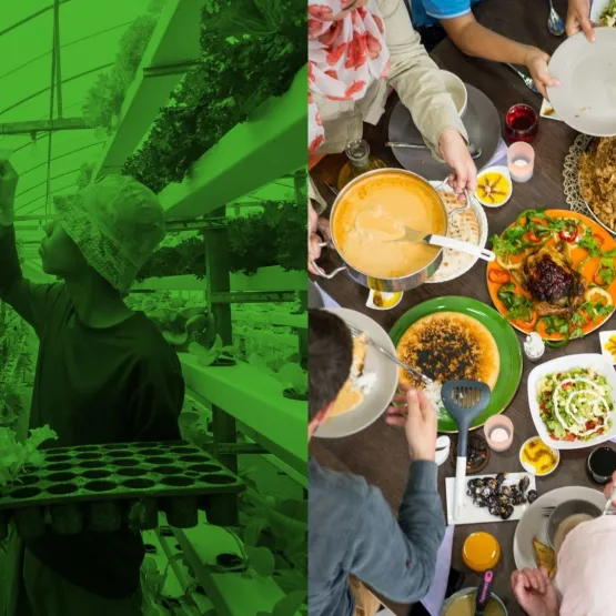 Family-and-friends-eating-dinner-vs-asian-malaysian-farmer-working