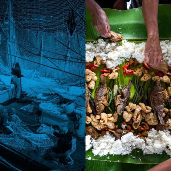 Fishermen-working-and-people-eating-fish-together