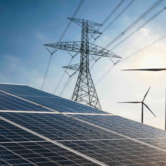 Wind turbines and a solar panel