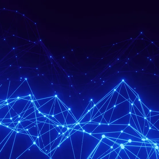 Abstract digital network of glowing blue nodes and interconnected lines against a dark blue background, representing data, technology and digital connectivity.