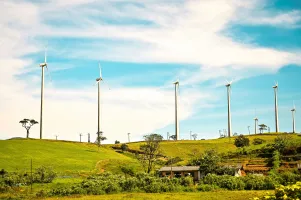 Wind mils next to village