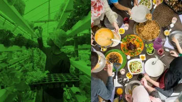 Family-and-friends-eating-dinner-vs-asian-malaysian-farmer-working