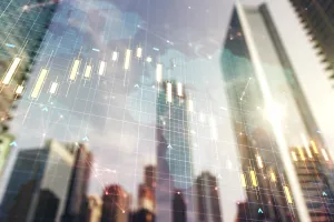 world map on office buildings background