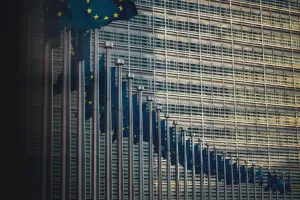  Flags of the member states of the European Union in front of the EU-commission building "Berlaymont" in Brussels, Belgium