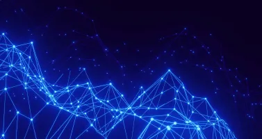 Abstract digital network of glowing blue nodes and interconnected lines against a dark blue background, representing data, technology and digital connectivity.