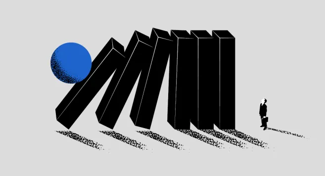 Illustration: Someone looking upwards towards six pillars stacked together