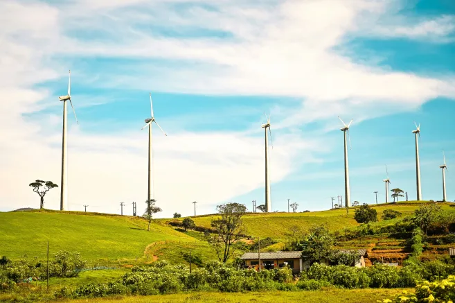 Wind mils next to village