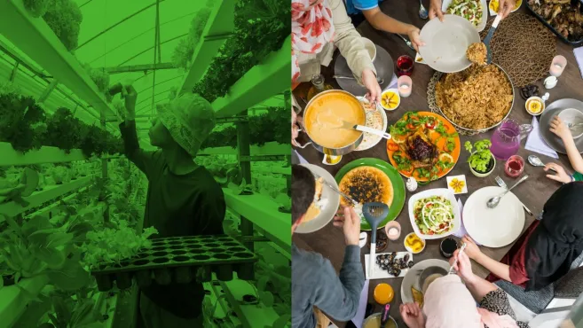 Family-and-friends-eating-dinner-vs-asian-malaysian-farmer-working