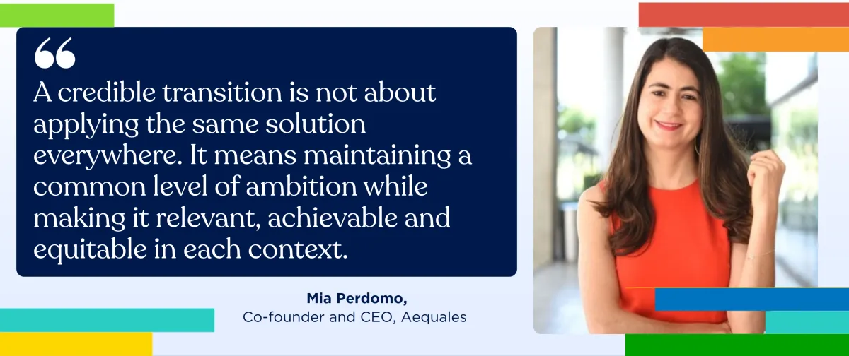 A white woman's headshot, with text: A credible transition is not about applying the same solution everywhere. It means maintaining a common level of ambition while making it relevant, achievable and equitable in each context.